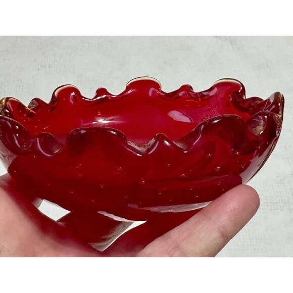 Ruby Red Murano Art Blown Glass Trinket Bowl 4.5” Glows Uv Bullicante Vintage - Picture 3 of 16